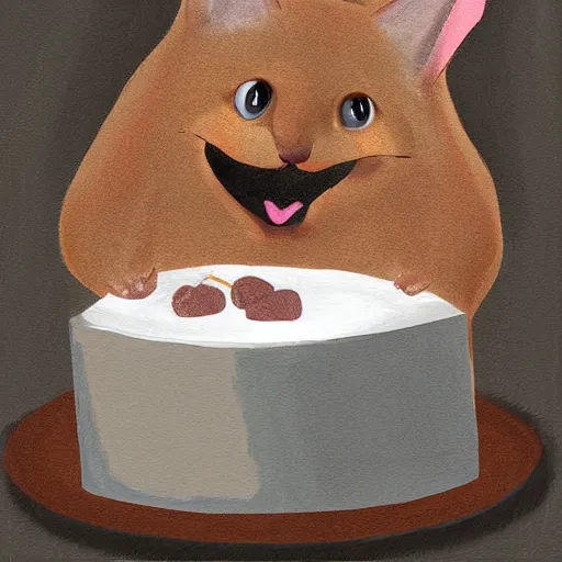 Prompt: a fat gray cat eating cake and smile, digital painting