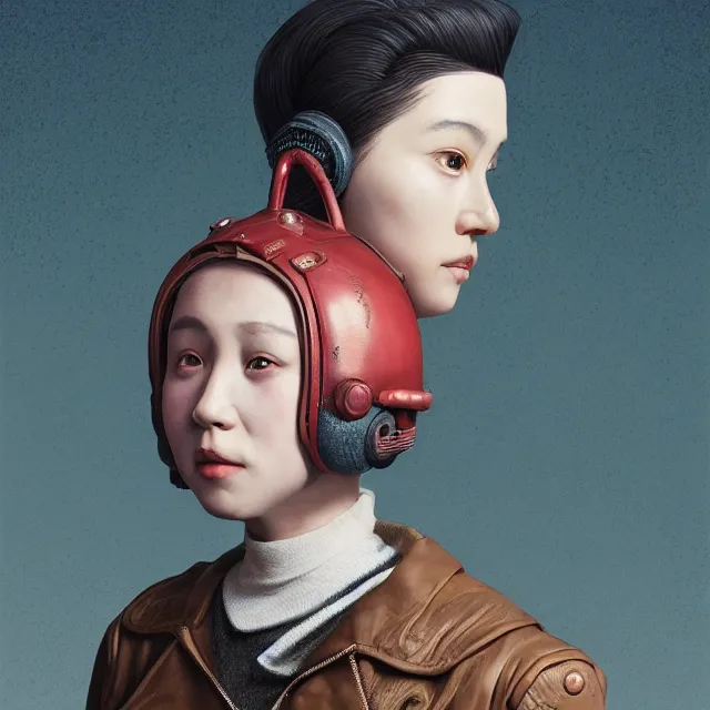 Image similar to highly detailed close portrait of androgynous girl wearing bakelite leather jacket, bakelite rocky mountains, japanese haunted forest, by hsiao - ron cheng and artgerm, modular synthesizer helmet backpack, the grand budapest hotel, glow, no crop, digital art, artstation, pop art, 1 0 5 mm canon, f 2. 8, kodak