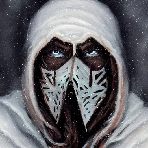 Image similar to fantasy snow bandit ‘ icewind dale ’ with mask, snow scene, ‘ icewind dale 2 ’ profile portrait by ‘ justin sweet ’, falling snow, soft focus, oil paint