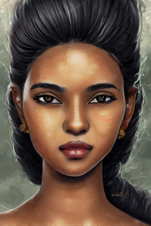 Prompt: A bust of a beautiful black skinned Sri Lankan girl with smiling lips and smooth eyebrows and straight hair, HD, illustration, epic, fantasy, intricate, elegant, amazing detail, digital painting, artstation, concept art, smooth, sharp focus, illustration, art by Turine Tran