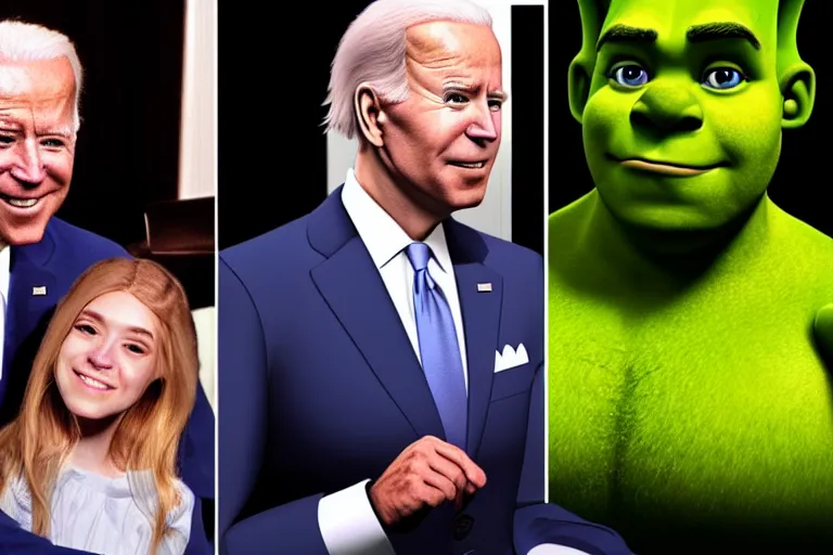 Prompt: joe biden and belle delphine as shrek, cinematic chiaroscuro, photorealistic, unreal engine