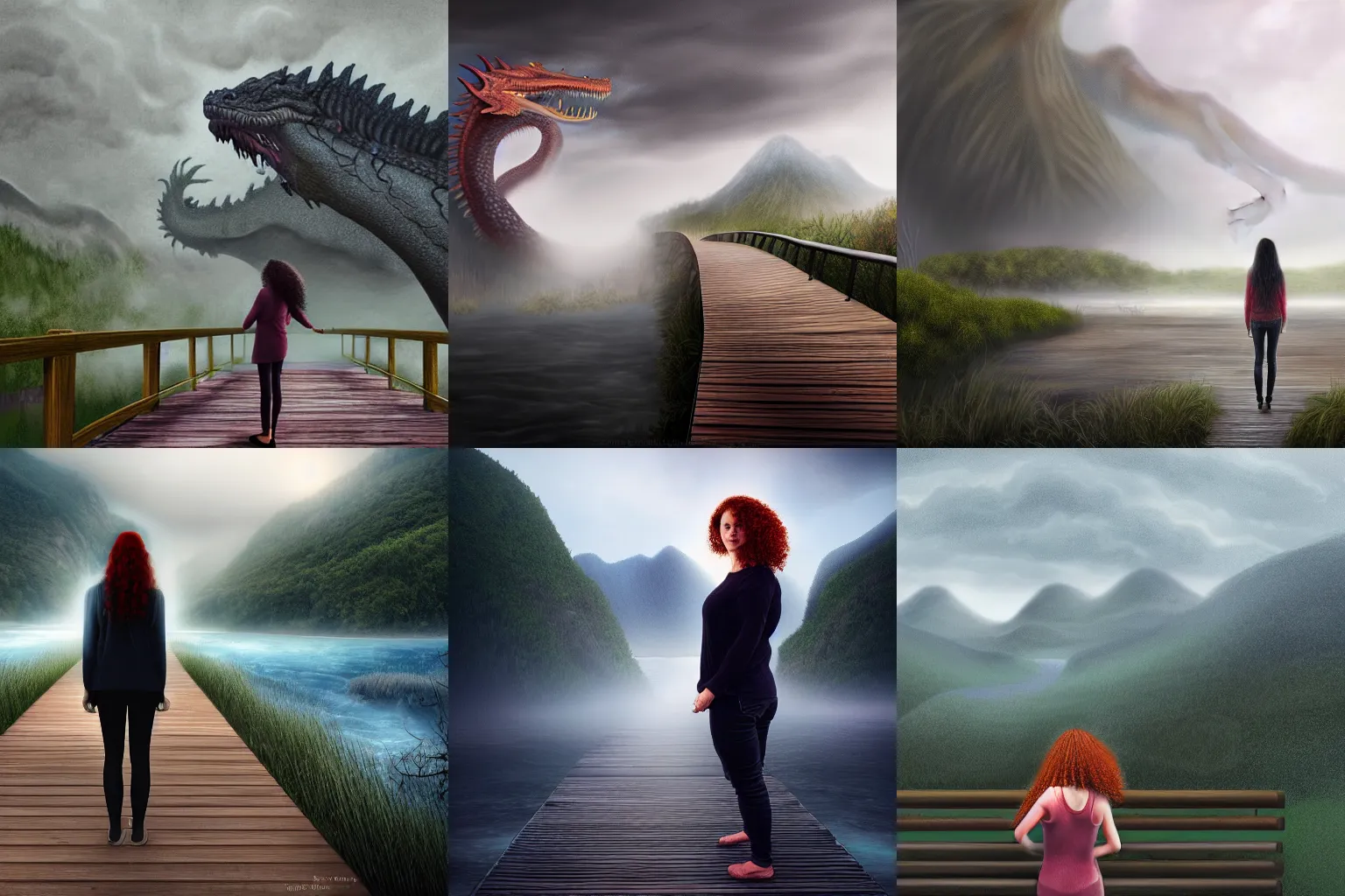 Prompt: a realistic digital painting of a woman with curly long redhair standing in a boardwalk besides a river looking at a giant dragon in the mountains in a fog during a thunderous weather
