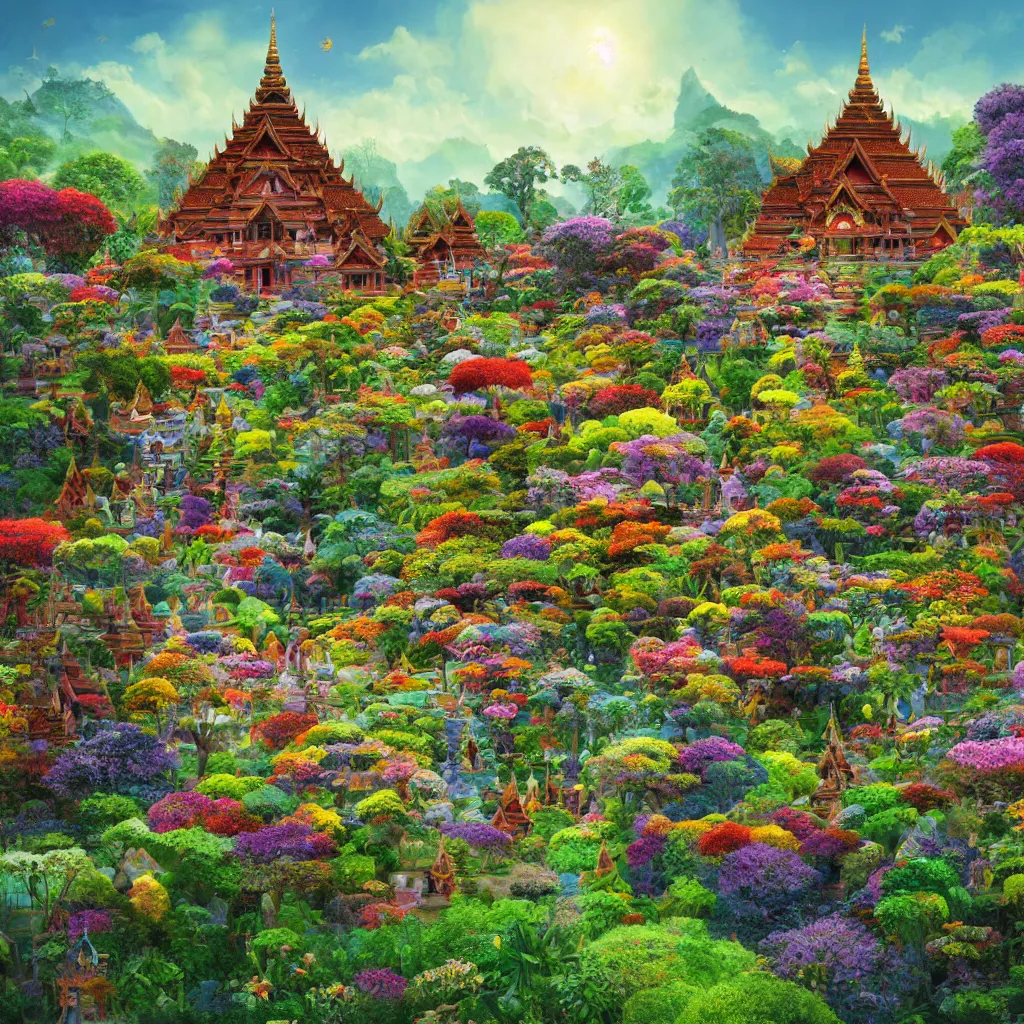 Image similar to summer morning, thai temple, rolling mountain, very coherent and colorful high contrast, art by gediminas pranckevicius, geof darrow, dark shadows, hard lighting, flowers garden