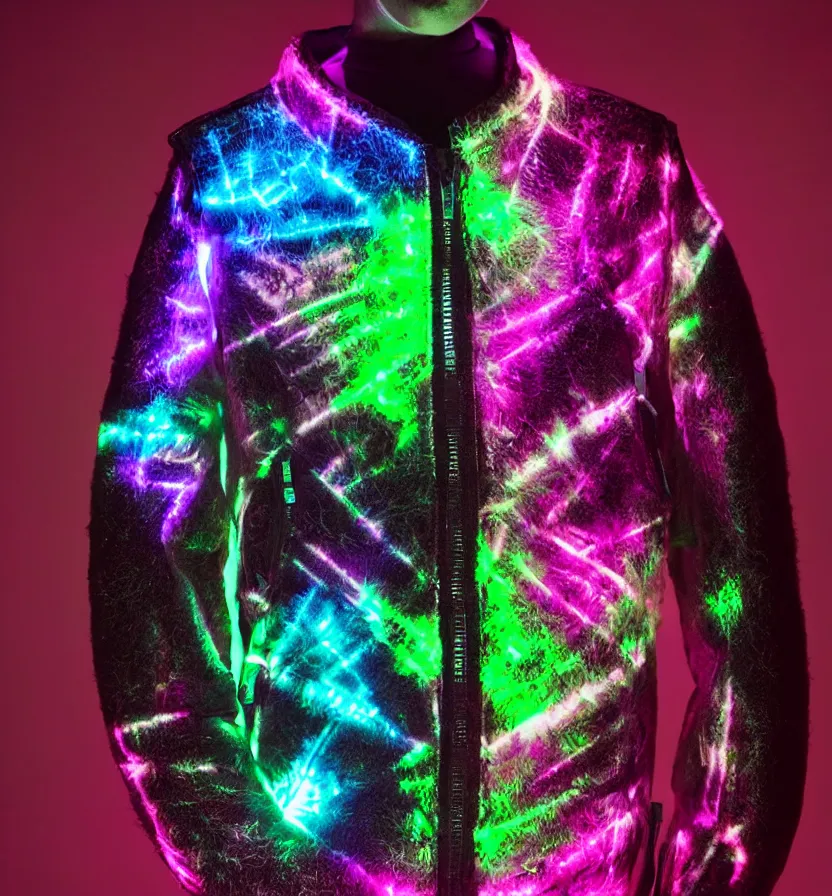 Image similar to autumn season rave jacket with led skin and fluffy lining in the style of cyberdog, futuristic psychedelic hippy, product shot, dark background, neon lighting