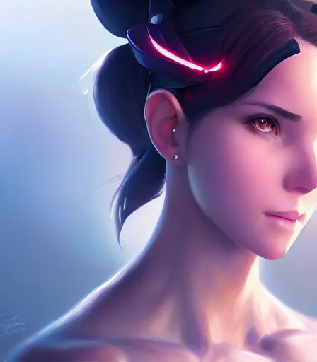 Image similar to beautiful portrait of a gorgeous personal trainer who looks like D. Va , character design by charlie bowater, ross tran, artgerm, and makoto shinkai, detailed, soft lighting, rendered in octane