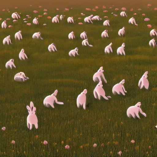 Prompt: A Hundred Bunnies in a large field, realistic, highres, high detail