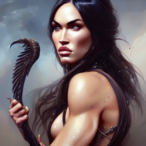 Image similar to portrait of megan fox, muscular upper body, fantasy, intricate, elegant, highly detailed, digital painting, artstation, concept art, matte, sharp focus, illustration, art by aenaluck and roberto ferri and greg rutkowski, epic fantasy, digital painting