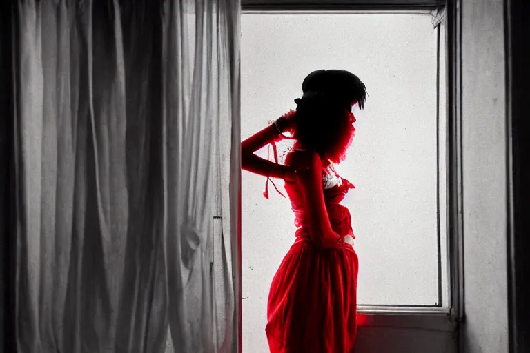 Image similar to punk girl wearing white and red looking outside the window in her bedroom during night time, elegant, highly detailed, 8 k, photorealistic, photography, real picture, heavy grain, neon lighting, hdr, photographed by steve mccurry, annie leibovitz, henri cartier - bresson, robert capa, andreas gursky