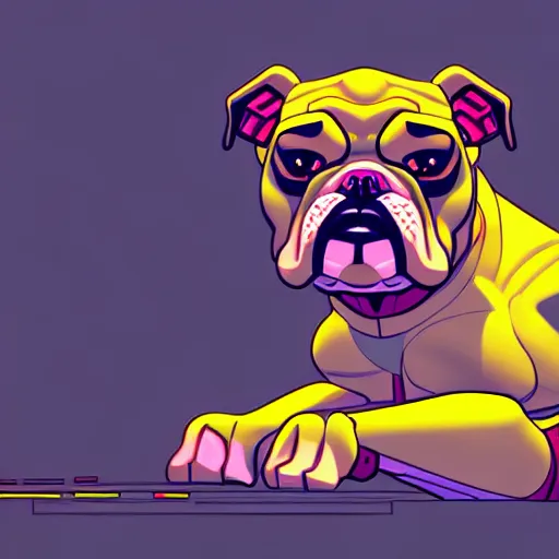 Prompt: « a comic styled cyborg bulldog sitting down, cyberpunk digital art by greg rutkowsky, illustration, colourful, sharp focus, highly detailed, future tech, sketchfab »