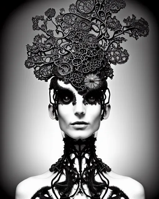 Image similar to surreal black and white photo portrait of complex bio-mechanical beautiful young female vegetal-cyborg with a Mandelbrot fractal steampunk metal fine lace face, a very long neck and a fine metal floral foliage super big lace collar by Alexander McQueen:: smoke, high fashion, haute couture, rococo, steampunk, silver filigree details, anatomical, facial muscles, cable wires, microchip, elegant, dreamy, foggy atmosphere, hyper realistic, 150 mm lens, soft rim light, octane render, unreal engine, picture was taken in 1910 by Man Ray, volumetric lighting, dramatic light,8k,