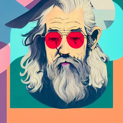 Prompt: Gandalf profile picture by Sachin Teng, asymmetrical, Organic Painting , Matte Painting, geometric shapes, hard edges, graffiti, street art, a bitcoin wizard with sunglasses on a beach :2 by Sachin Teng:4