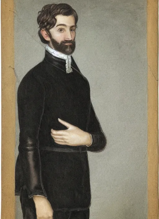 Image similar to portrait of handsome young elf with brown eyes brown hair and a short neat beard by charles angrand, only one head single portrait, pointy ears, wearing a black leather collared jacket