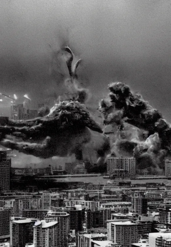 Image similar to Pulgasari the North Korean starfish monster destroying Pyongyang city, volumetric lighting, filmstill, produced by Kim Jong-il, Kodachrome, kaiju-eiga, monster movie, communist propaganda, film noir, 35mm film grain, Cooke Varotal 20-100mm T3.1, monochrome, in the style of Ishirō Honda and Akira Kurosawa