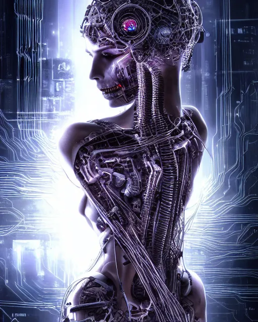 Image similar to portrait photo of an aesthetic biomechanical cyborg plugged into a quantum computer with cables and wires and optic fibers. cyberpunk horror style. art by luis royo. highly detailed 8 k. intricate. nikon d 8 5 0 5 5 mm. award winning photography.