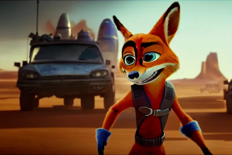 Image similar to nick wilde ( from zootopia ), heavily armed and armored facing down armageddon in a dark and gritty reboot from the makers of mad max : fury road