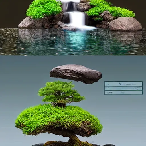 Prompt: digital art of a miniature bonsai,diorama,waterfall,artstation,3D,cartoony,amazing,water falling from platform