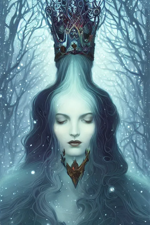 Image similar to jeweled Crown, other worldly, fairy winter court, snow, art nouveau, by Anato Finnstark, Tom Bagshaw, Brom