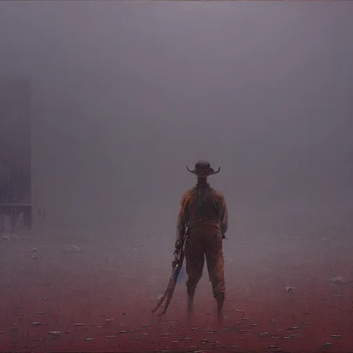 Image similar to a horrific oil painting of a cowboy in a dystopian horror town, beksinski, high detail, 4 k, brushstrokes