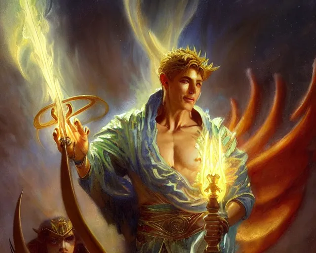 Image similar to attractive male deity, casting demonic magic, summoning handsome lucifer morning star. highly detailed painting by gaston bussiere, craig mullins, j. c. leyendecker 8 k