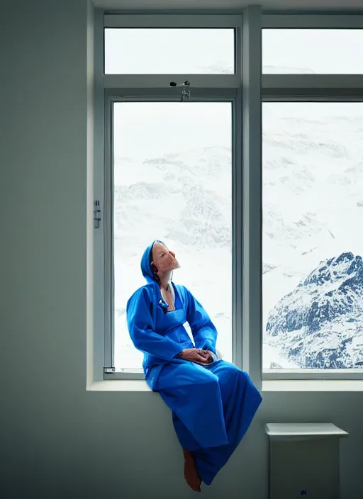 Prompt: medium shot, photo of a beautiful 4 0 year old woman hospital patient sitting in a norwegian hospital room, wearing a hospital gown, with an iv drip, looking out window. studio lighting, 3 5 mm, by charlie waite, max rive, caroline foster.