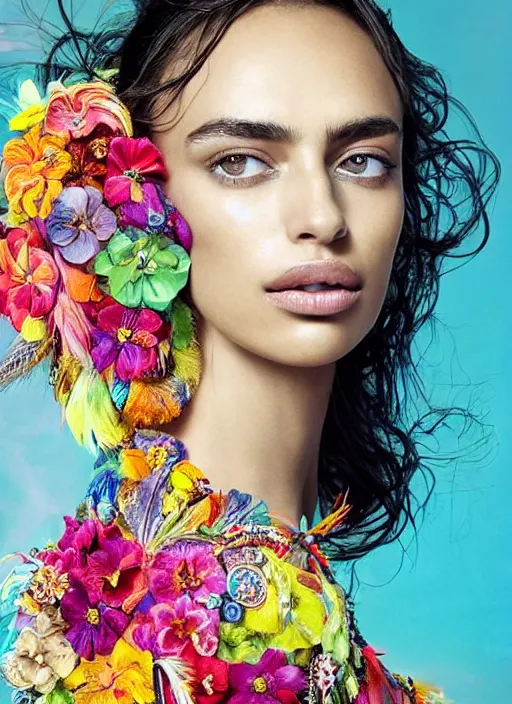 Prompt: beautiful portrait of Irina Shayk wearing fantastic Hand-dyed cotton dress,embellished beaded feather decorative fringe knots ,colorful pigtail,subtropical flowers and plants,symmetrical face,summer,intricate,elegant,highly detailed,8k,post-processing,digital painting,trending on pinterest, GUCCI,vogue,concept art, sharp focus, illustration, by artgerm,Tom Bagshaw,Lawrence Alma-Tadema,greg rutkowski,alphonse Mucha