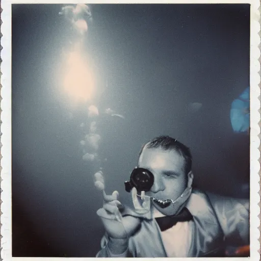 Prompt: underwater smoke formal party on the moon photo polaroid