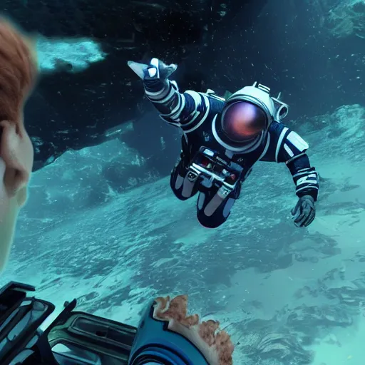 Prompt: In the underwater depths of an alien planet, an astronaut from mass effect dives and explores this new world