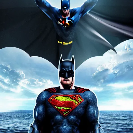 Prompt: batman fighting superman in an anime art style with a detailed background of the ocean, 4k