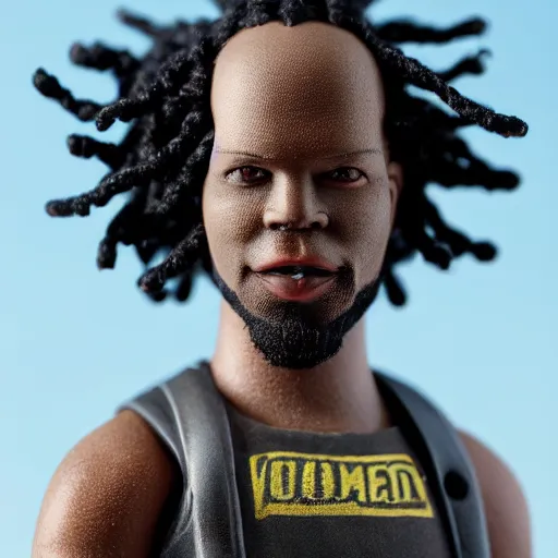 Image similar to black man action figure with dreads standing on top of a black rc pickup truck, close up photograph, white background