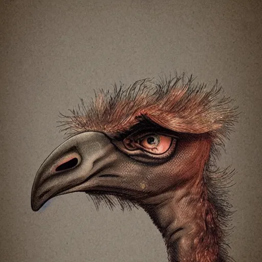 Image similar to a demonic ostrich,extremely detailed multiple unique different art styles.