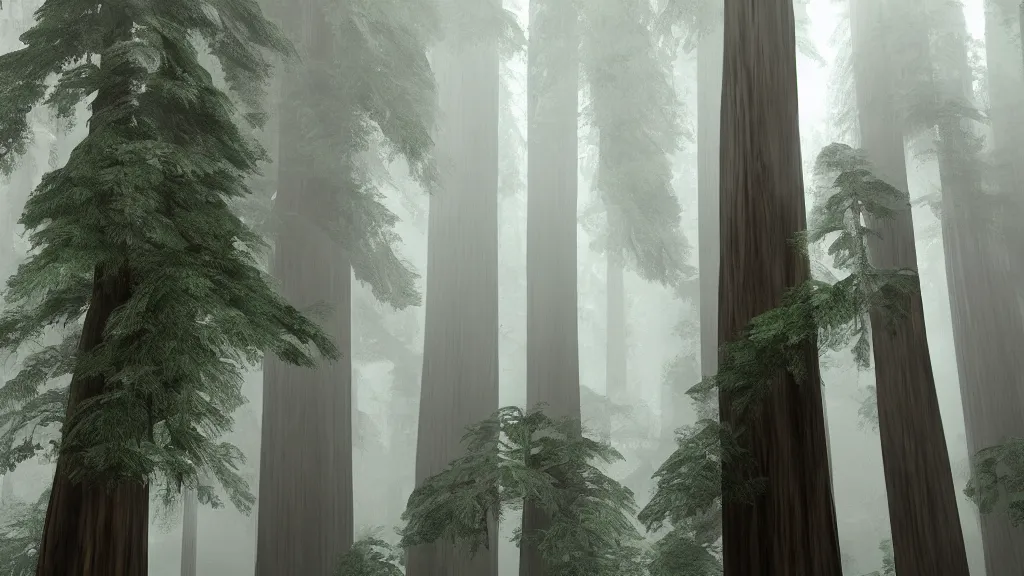 Image similar to dense redwood forest sequoia concept art misty