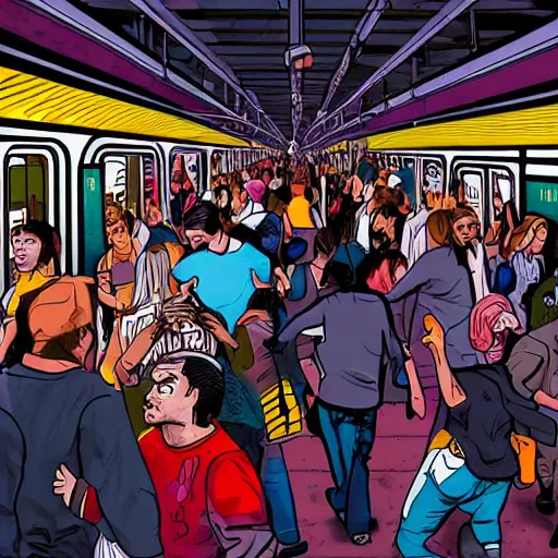 Image similar to an illustration of people fight in new york city subway, hyper detailed, hd, 8 k, colorful,