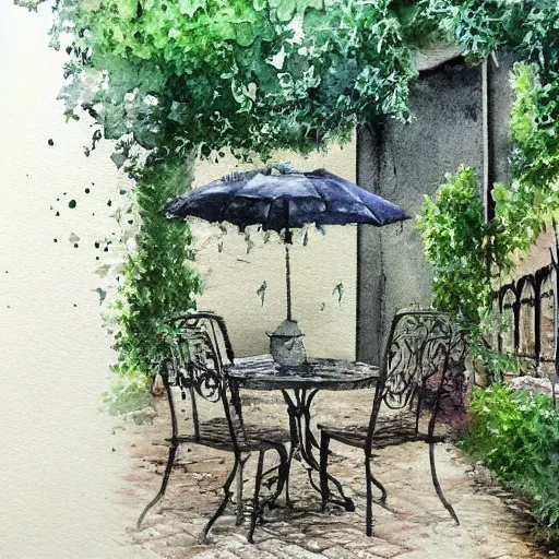 Image similar to delicate rain, toad, chairs, garden, paved, botanic watercolors, iridescent, 8 k, realistic shaded, fine details, artstation, italian, iron gate, tree, mediterranean