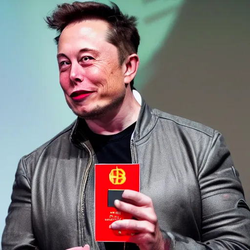 Image similar to Elon Musk biting a bitcoin, highly detailed, high quality, HD, 4k, 8k, Canon 300mm, professional photographer, 40mp, lifelike, top-rated, award winning, realistic, sharp, no blur, edited, corrected, trending