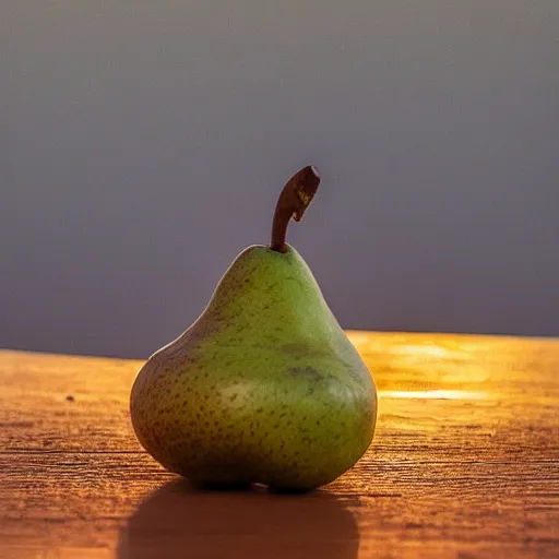 Prompt: still life photograph of a pear and marble at sunset, sony a7r