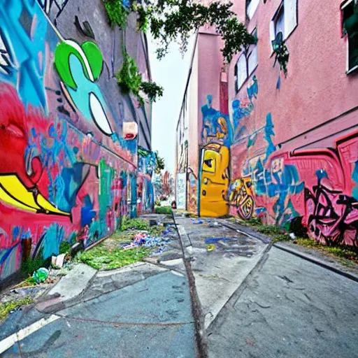 Prompt: a city filled with graffiti, studio ghibli, street art