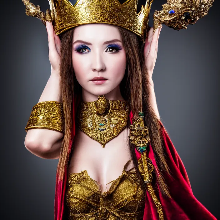 Prompt: photo of a very beautiful!! elf queen with ornate robes, highly detailed, 4 k, hdr, smooth, sharp focus, high resolution, award - winning photo