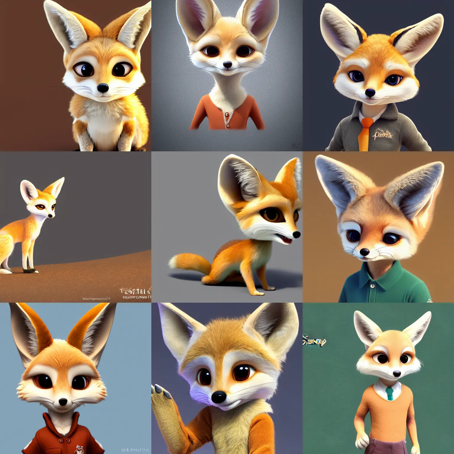 Prompt: high quality character portrait of a tiny fennec fox character, disney style, zootopia, highly detailed render, fur