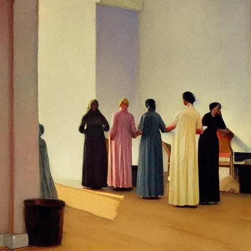 Image similar to procession of women in a soviet temple, dripping watercolor by hammershøi, highly detailed, art nouveau wallpaper, lights by edward hopper, liminal, eerie, pastel colors, limited palette