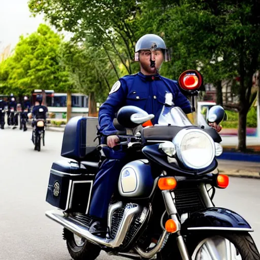 Prompt: traffic policeman leaning on police motorcycle with helmet