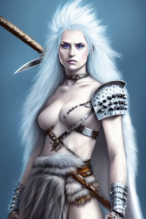 Prompt: portrait of a gorgeous female barbarian with white hair, pale blue eyes, looking at camera, D&D, fur cape, plated armor, long wild spiky hair, intricate, elegant, stylish, cocky smirk, fantasy, extremely detailed, digital painting, artstation, concept art, smooth, sharp focus, illustration, stunning lighting, art by artgerm and greg rutkowski and alphonse mucha and simon stalenhag
