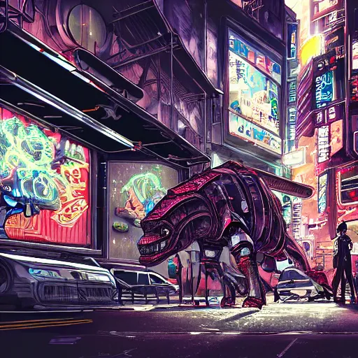 Image similar to hyper-detailed, intricate, full colour anime illustration of a mecha dinosaur standing at a ghetto street corner with graffiti in the background, night, city, dark, cyberpunk