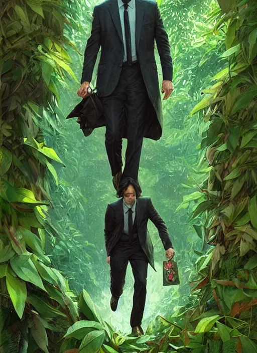 Prompt: highly detailed comedy caper movie poster with silly wacky zany keanu reeves hiding in leaves, keanu reeves face inside a leafy bush by greg rutkowski, masterpiece, really funny, 1 0 / 1 0 comedy