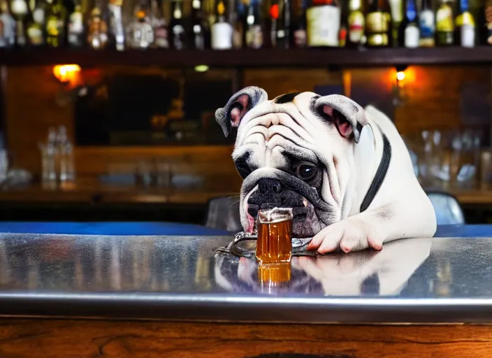 Image similar to a closeup, 4 5 mm, detailed photograph of a english bulldog drinking a beer on a bar - stool, sitting at a bar on a bar - stool, beautiful low light, 4 5 mm, by franz lanting