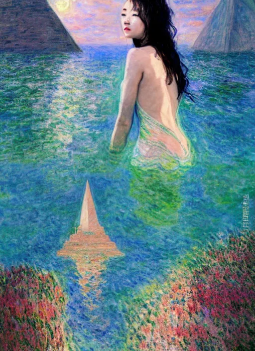 Image similar to lee jin - eun in luxurious dress emerging from turquoise water in egyptian pyramid city during an eclipse by claude monet, conrad roset, m. k. kaluta, martine johanna, rule of thirds, elegant look, beautiful, chic, face anatomy, cute complexion