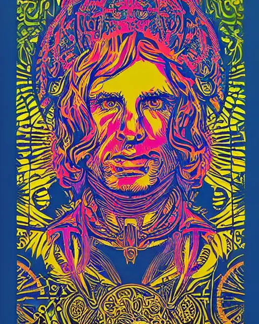 Prompt: portrait of jim morrison psychedelic blacklight poster, intricate, mushrooms, trees, by shepard fairey