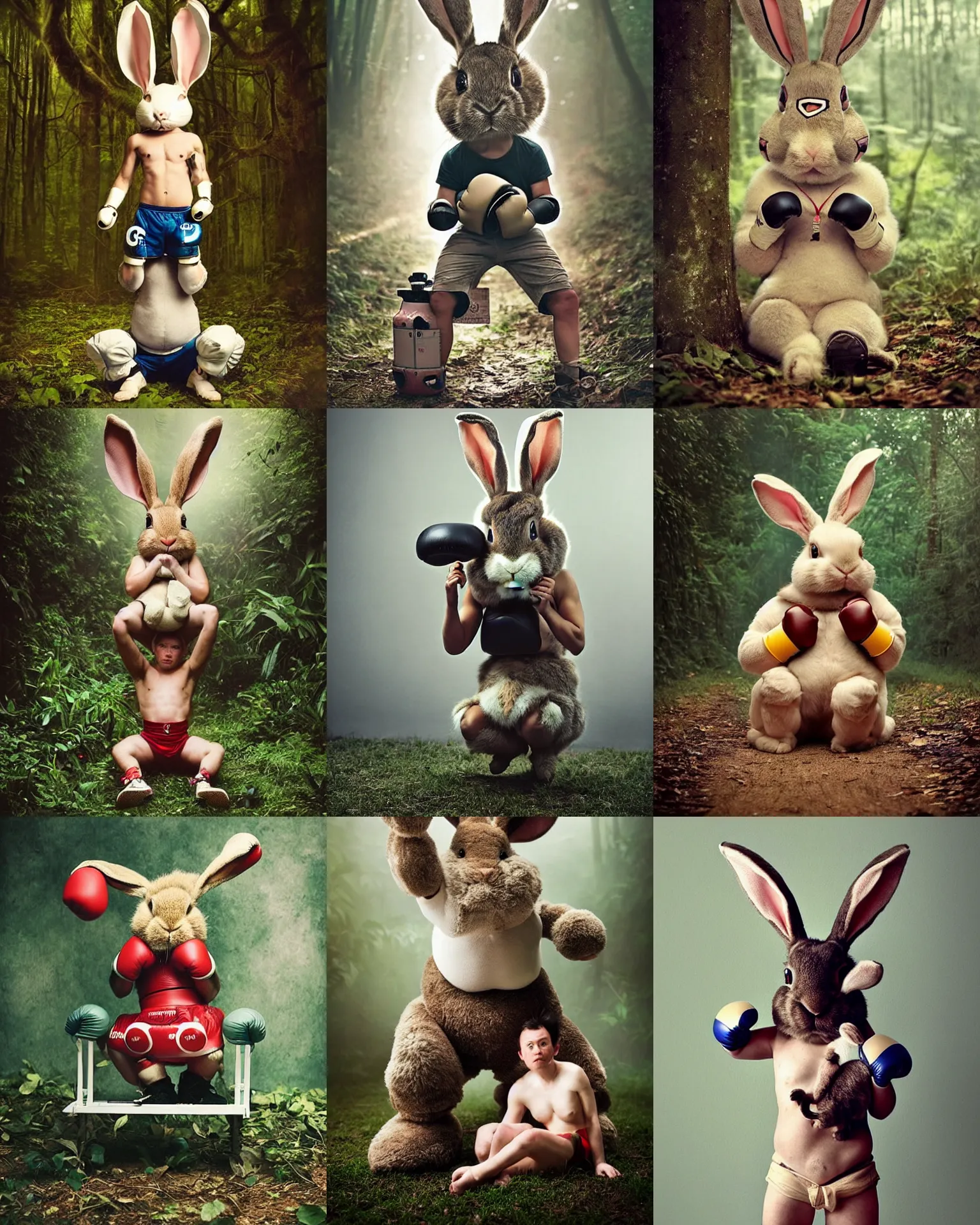 Prompt: boxing champion winning pose !! giant oversized battle rabbit robot chubby mech baby as tired sitting boxing champion !! with big ears and rabbit , on a jungle forest , full body , Cinematic focus, Polaroid photo, vintage , neutral dull colors, soft lights, foggy ,random weather, by oleg oprisco , by victor enrich