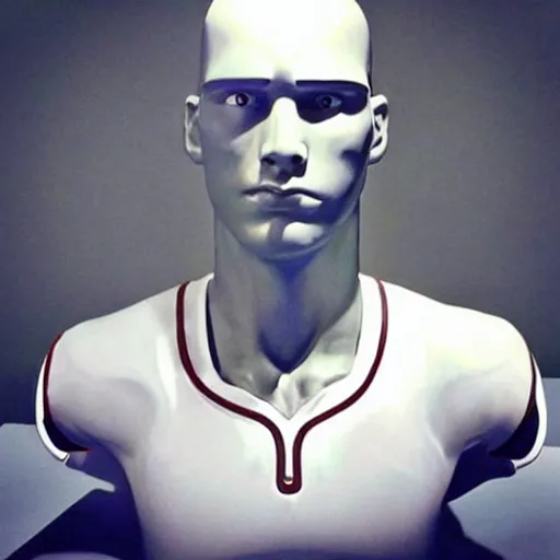 Image similar to “a realistic detailed photo of a guy who is an attractive humanoid who is half robot and half humanoid, who is a male android, baseball player Aaron Judge, shiny skin, posing like a statue, blank stare”