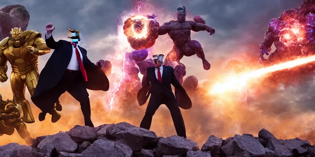 Prompt: a professional cinematic photo of donald trump fighting thanos on top of white house. extremely high fidelity. key light.