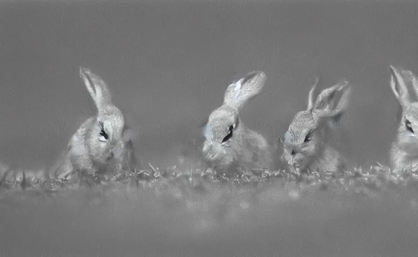 Prompt: pack of small rabbits in the wood, artwork by arkhip kuindzhi, mystic, melancholy, pinhole analogue photo quality, lomography, monochrome, blur, unfocus, cinematic, foil effect, holographic effect